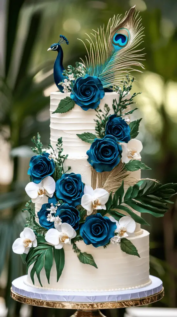 A three-tier peacock-inspired wedding cake adorned with vibrant edible flowers in shades of royal blue, emerald green, and teal.