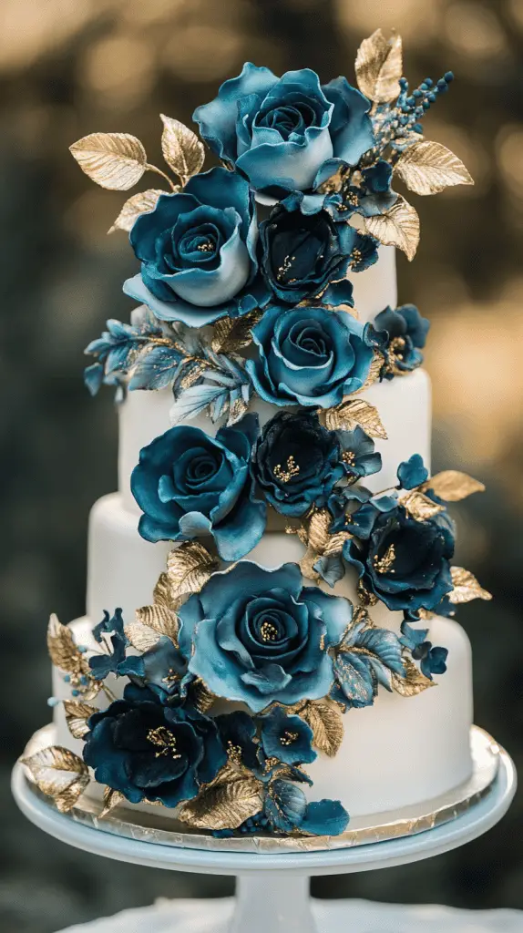A three-tier peacock-inspired wedding cake adorned with vibrant edible flowers in shades of royal blue, emerald green, and teal.