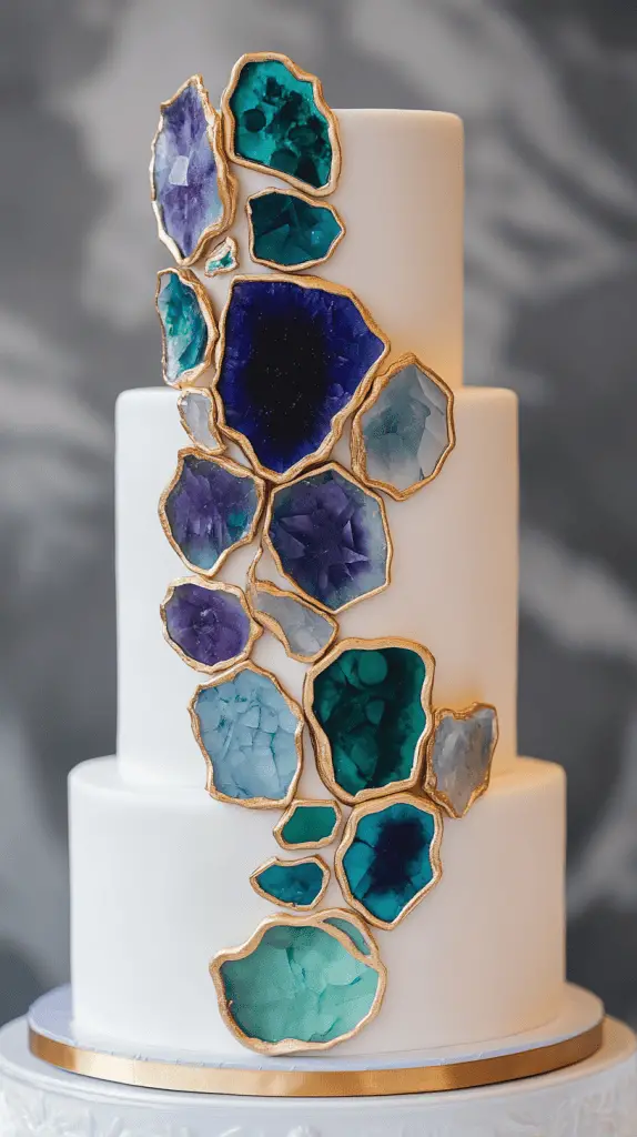 A show-stopping three-tier peacock geode wedding cake with realistic sugar crystal formations carved into the front of each tier.