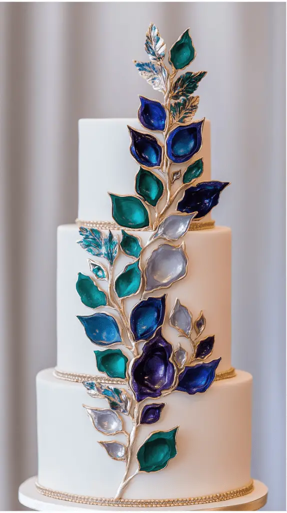 A show-stopping three-tier peacock geode wedding cake with realistic sugar crystal formations carved into the front of each tier.