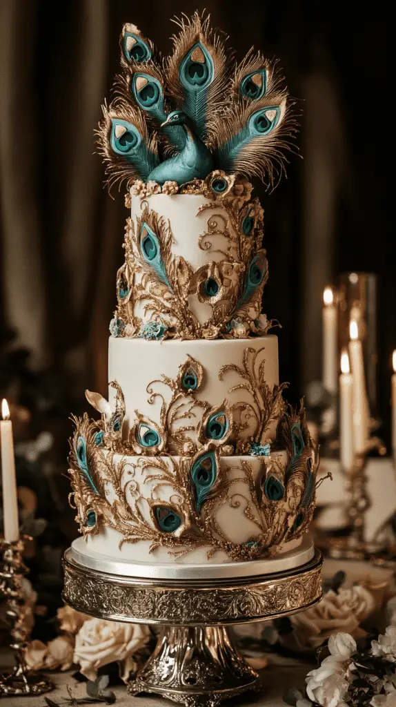 A sophisticated three-tier wedding cake with a smooth ivory fondant base, adorned with hand-painted peacock feather designs in vibrant blues, greens, and teals