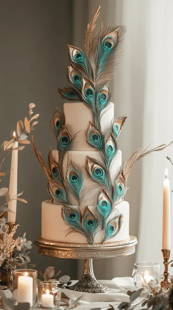 A sophisticated three-tier wedding cake with a smooth ivory fondant base, adorned with hand-painted peacock feather designs in vibrant blues, greens, and teals
