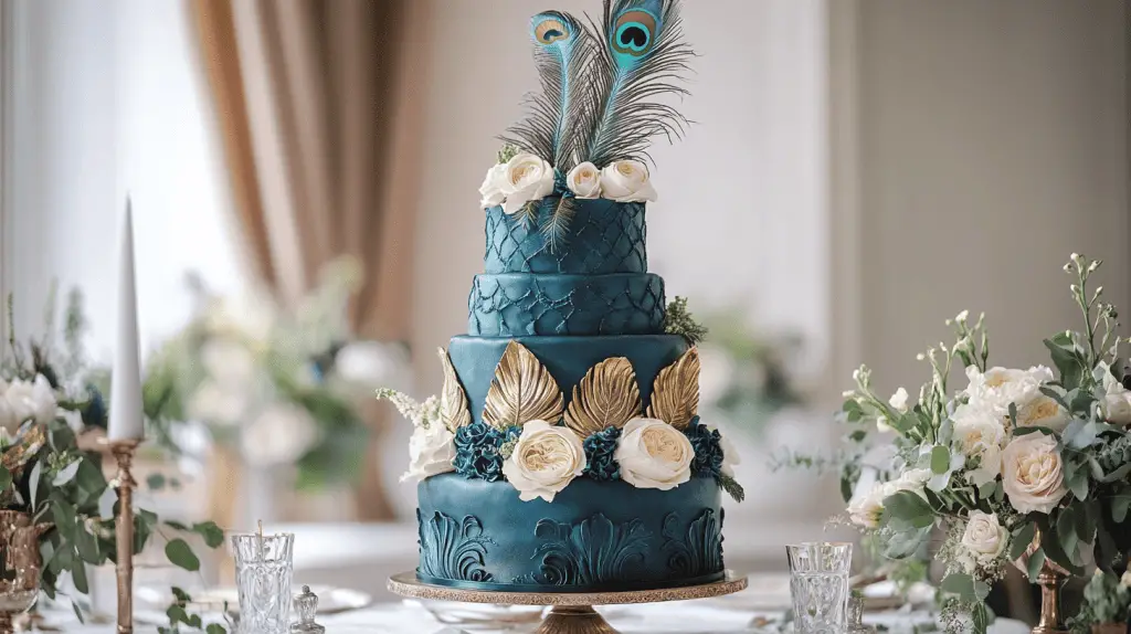 Elegant wedding cake inspired by peacock feathers, with three tiers in deep blue and teal tones