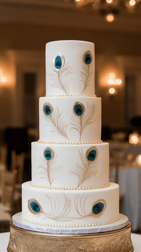 A regal peacock-themed wedding cake with ombre layers and metallic gold painted details along peacock feather motifs. 
