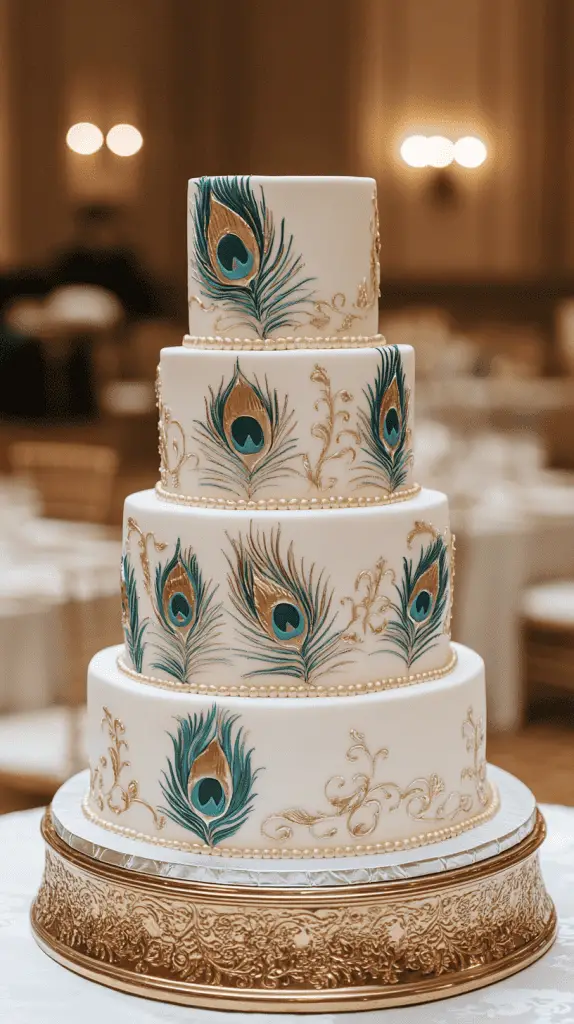 A regal peacock-themed wedding cake with ombre layers and metallic gold painted details along peacock feather motifs. 