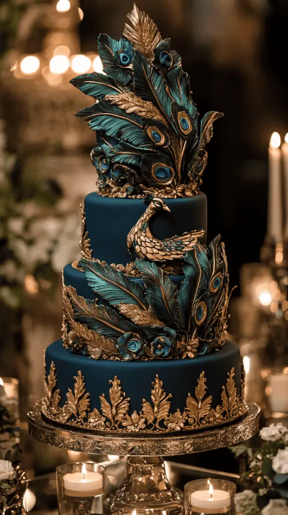 A regal peacock-themed wedding cake with ombre layers and metallic gold painted details along peacock feather motifs. 