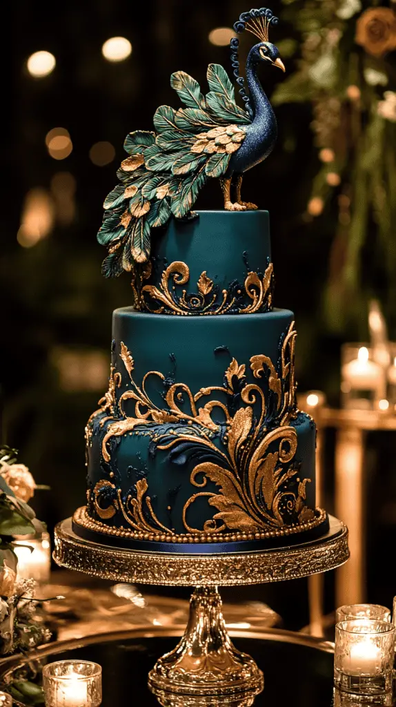 A regal peacock-themed wedding cake with ombre layers and metallic gold painted details along peacock feather motifs. 