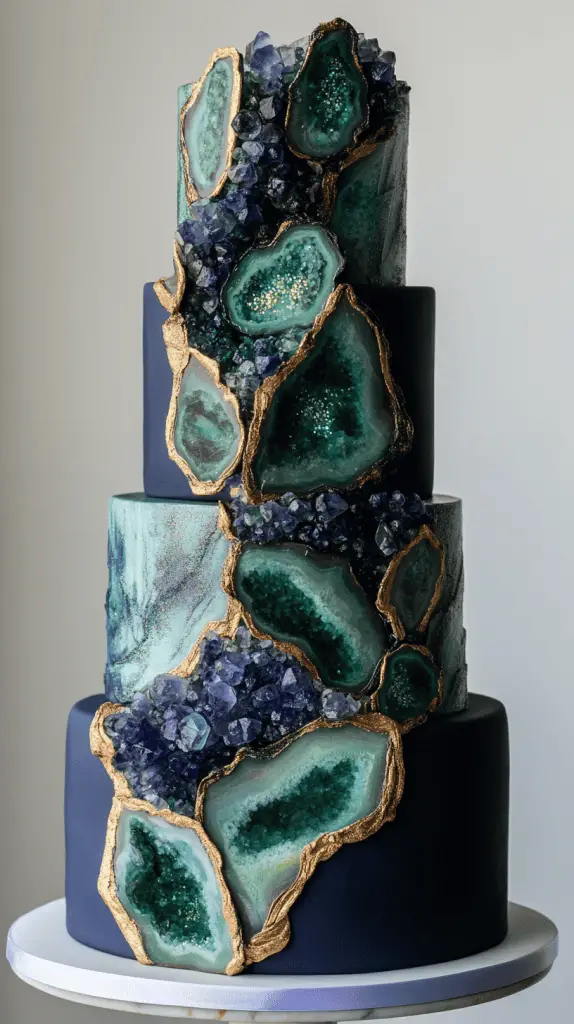 A show-stopping three-tier peacock geode wedding cake with realistic sugar crystal formations carved into the front of each tier.