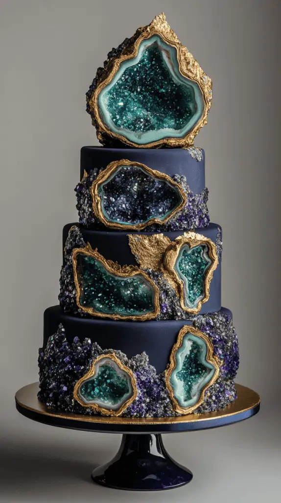 A show-stopping three-tier peacock geode wedding cake with realistic sugar crystal formations carved into the front of each tier.