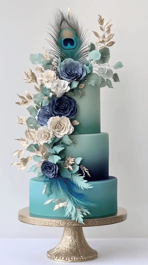 Modern three-tier wedding cake featuring an ombre color transition
