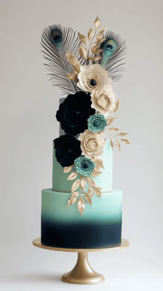 Modern three-tier wedding cake featuring an ombre color transition