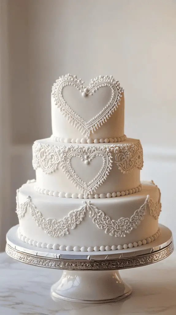 Classic white heart-shaped wedding cake, elegant and timeless.