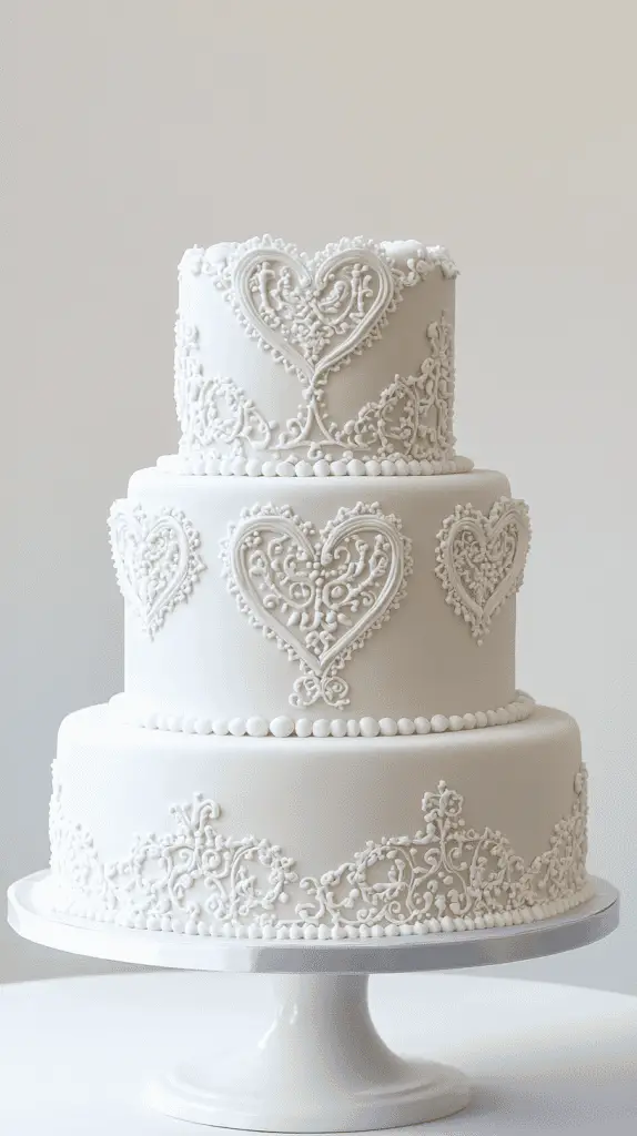 Classic white heart-shaped wedding cake, elegant and timeless.