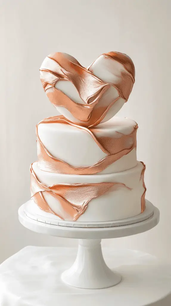 Three-tier heart-shaped cake featuring visible fruit-filled sponge layers between creamy buttercream, wrapped in smooth fondant with rose gold metallic brushstrokes and structured edges.