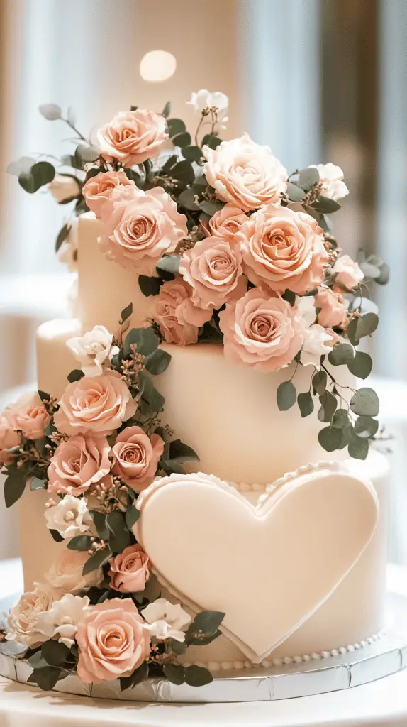 Elegant three-tier heart-shaped cake with smooth pastel buttercream, adorned with cascading sugar-crafted flowers like blush roses, soft peonies, and eucalyptus sprigs.v