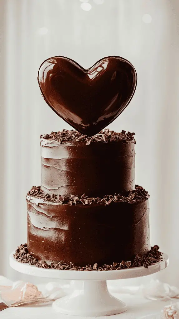 Three-tier heart-shaped chocolate wedding cake with smooth, glossy dark chocolate ganache covering each tier.