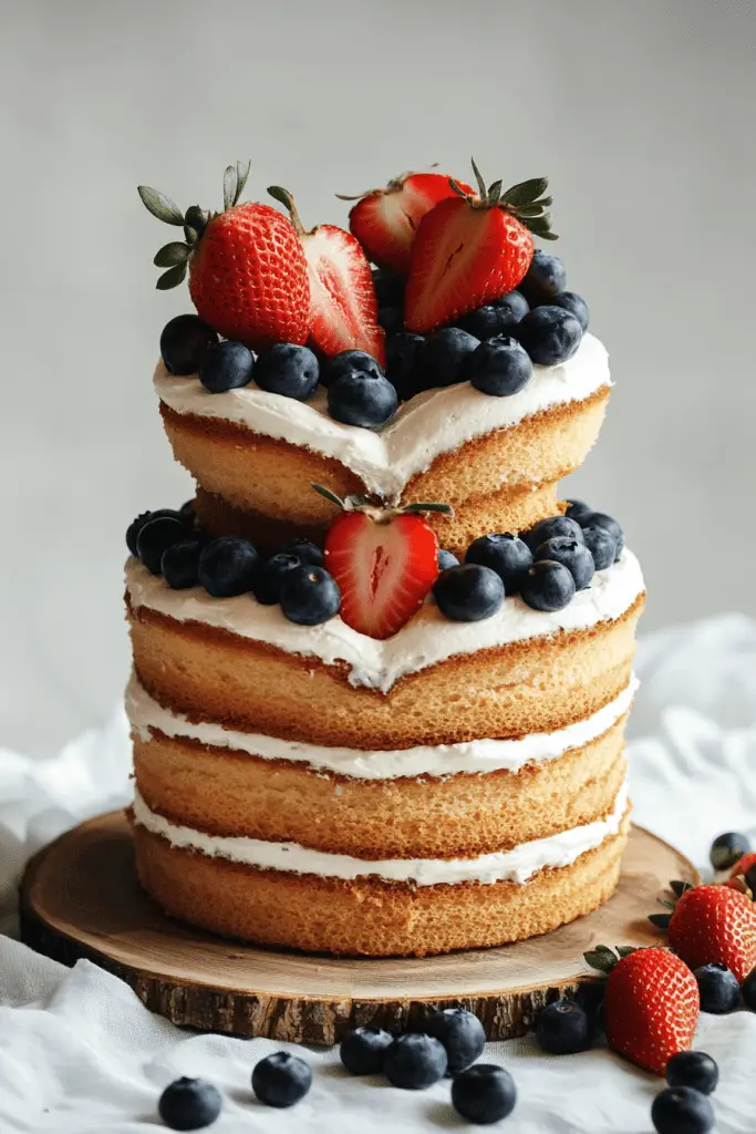 Three-tier heart-shaped naked wedding cake with exposed sponge layers and minimal buttercream, decorated with delicate edible flowers like pansies and chamomile alongside scattered berries.