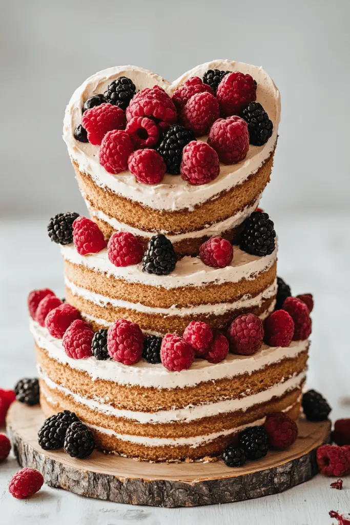 Three-tier heart-shaped naked wedding cake with exposed sponge layers and minimal buttercream, decorated with delicate edible flowers like pansies and chamomile alongside scattered berries.