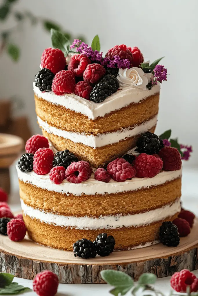 Three-tier heart-shaped naked wedding cake with exposed sponge layers and minimal buttercream, decorated with delicate edible flowers like pansies and chamomile alongside scattered berries.