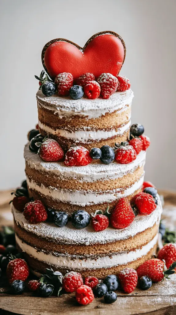 Three-tier heart-shaped naked wedding cake with exposed sponge layers and minimal buttercream, decorated with delicate edible flowers like pansies and chamomile alongside scattered berries.