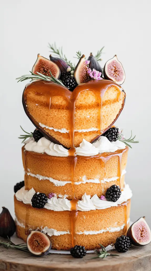 Three-tier heart-shaped naked wedding cake with exposed sponge layers and minimal buttercream, decorated with delicate edible flowers like pansies and chamomile alongside scattered berries.