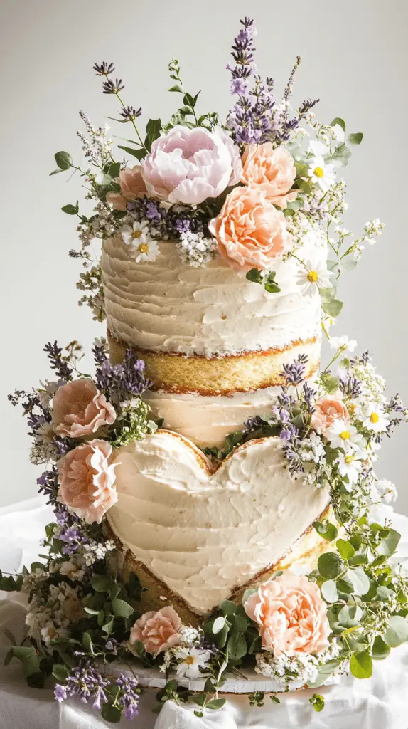 Elegant three-tier heart-shaped cake with smooth pastel buttercream, adorned with cascading sugar-crafted flowers like blush roses, soft peonies, and eucalyptus sprigs.
