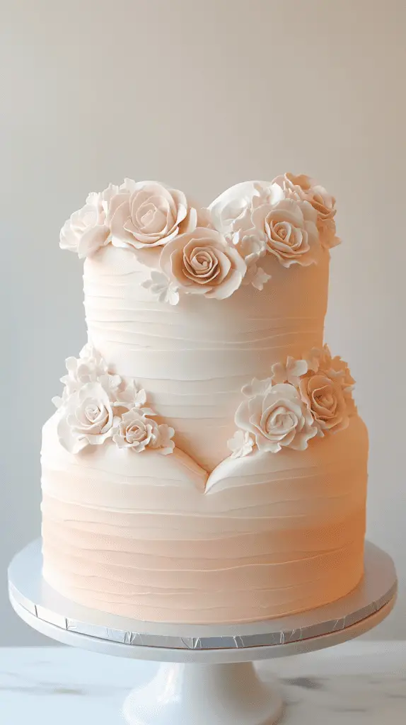Three-tier heart-shaped cake with an elegant ombré design