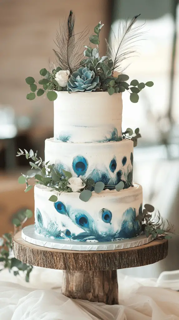 A rustic three-tier naked wedding cake with rough buttercream edges, adorned with dried foliage and vivid peacock feathers. 