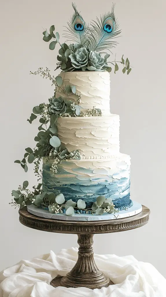 A rustic three-tier naked wedding cake with rough buttercream edges, adorned with dried foliage and vivid peacock feathers. 