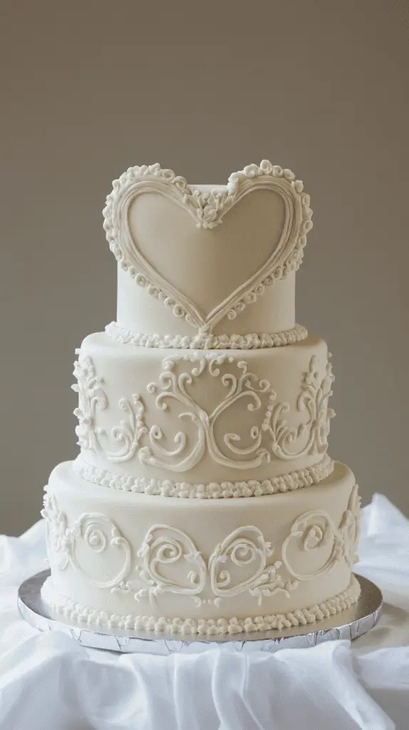 Classic white heart-shaped wedding cake, elegant and timeless.