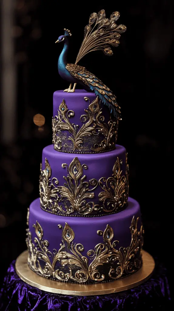 A regal peacock-themed wedding cake with ombre layers and metallic gold painted details along peacock feather motifs. 
