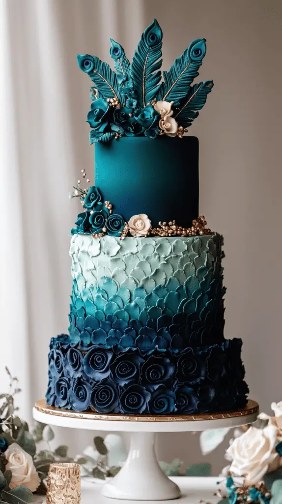 Modern three-tier wedding cake featuring an ombre color transition