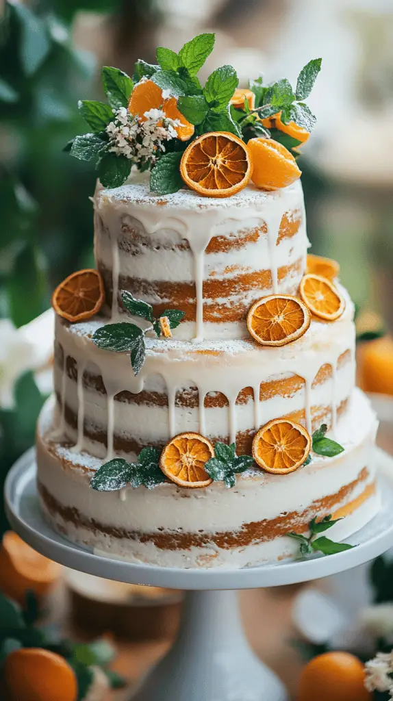 Modern kransekake wedding cake made with pistachio-almond rings, lightly glazed with citrus icing and flowers