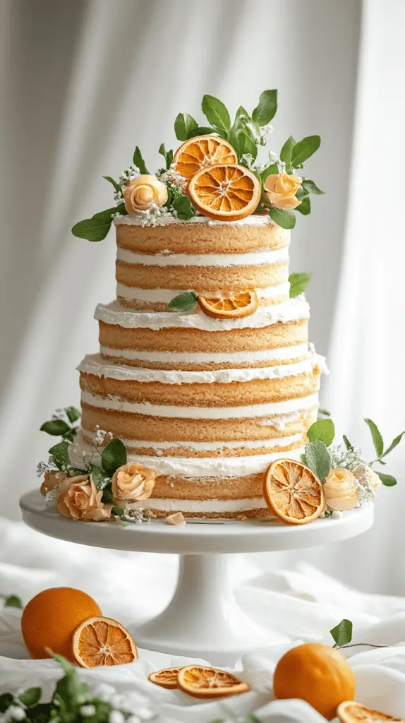 Modern kransekake wedding cake made with pistachio-almond rings, lightly glazed with citrus icing and flowers