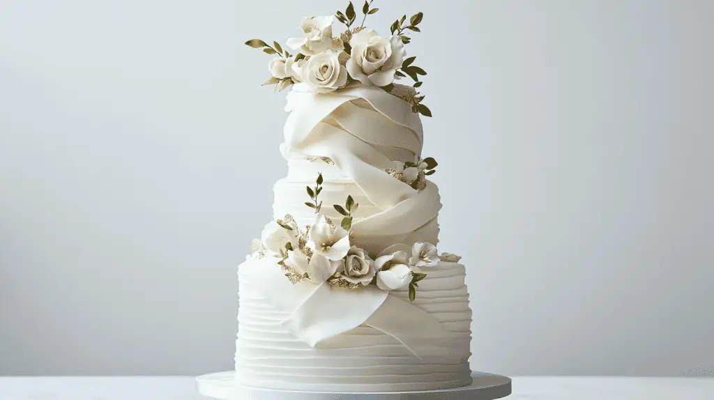 Elegant kransekake cake with a clean almond ring tower, decorated with white fondant ribbons