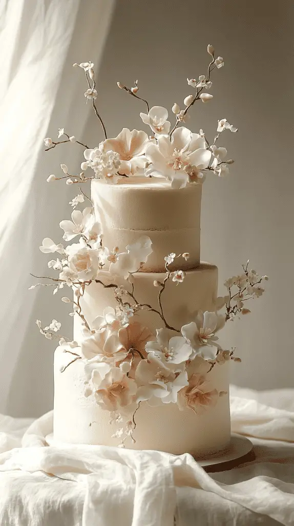 Elegant marzipan wedding cake with three tiers of almond sponge