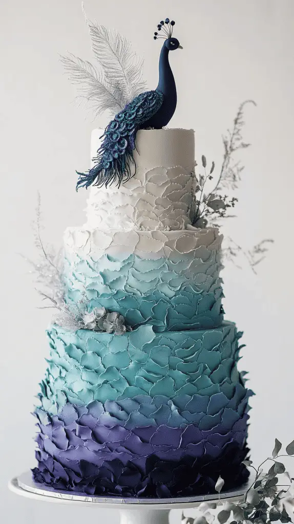 Modern three-tier wedding cake featuring an ombre color transition