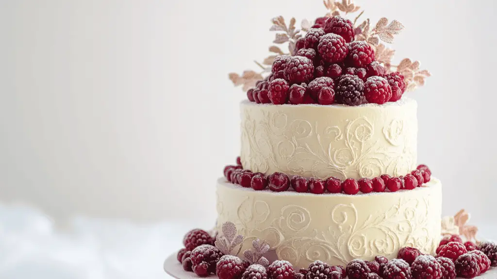Elegant three-tier winter wedding cake with a cardamom and vanilla sponge
