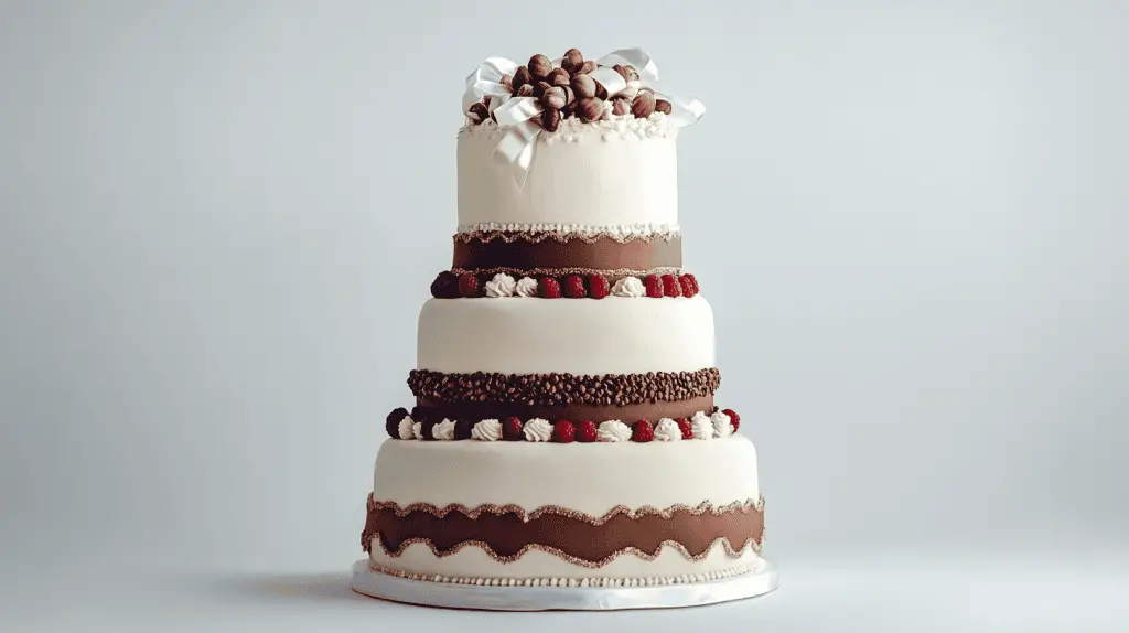 Luxurious Norwegian-inspired wedding cake with chocolate and hazelnut layers, alternating with almond