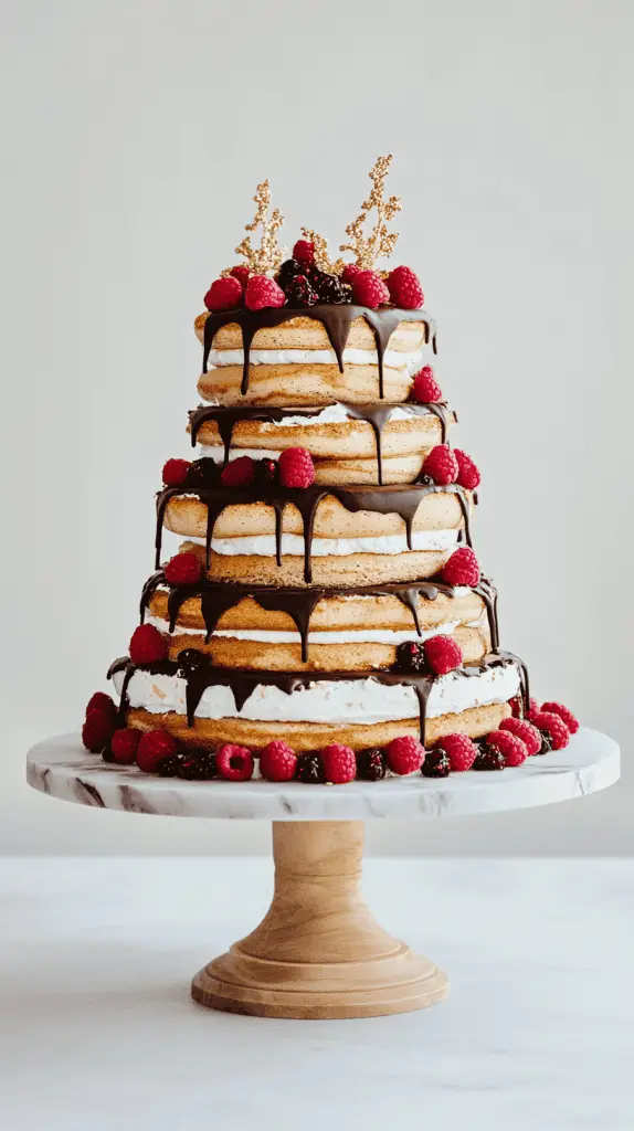 Modern kransekake wedding cake made with pistachio-almond rings, lightly glazed with citrus icing and flowers