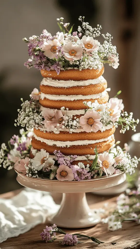Modern kransekake wedding cake made with pistachio-almond rings, lightly glazed with citrus icing and flowers