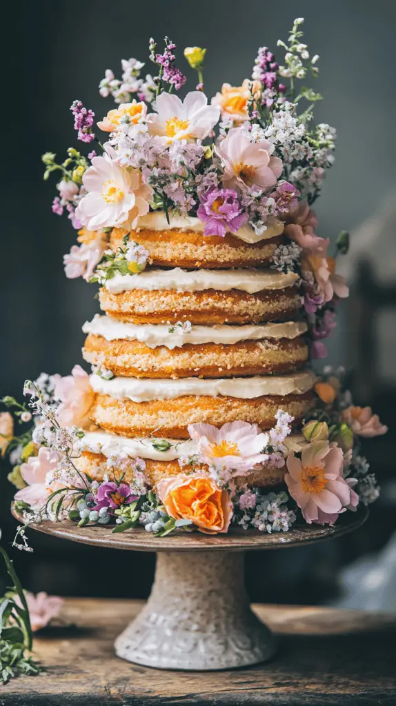 Modern kransekake wedding cake made with pistachio-almond rings, lightly glazed with citrus icing and flowers