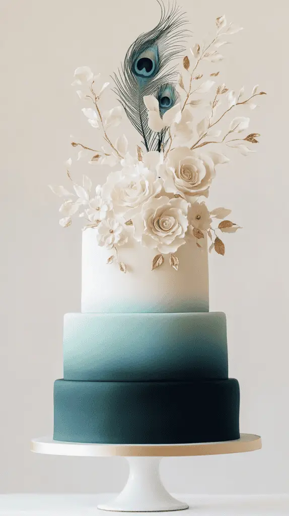 Modern three-tier wedding cake featuring an ombre color transition