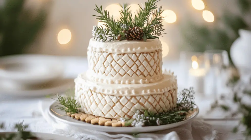 Norwegian-inspired fyrstekake wedding cake with almond cookie base, lattice detailing on top