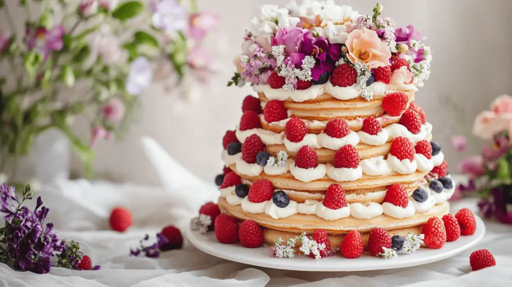 Norwegian kransekake wedding cake styled with fresh cream piped between almond rings