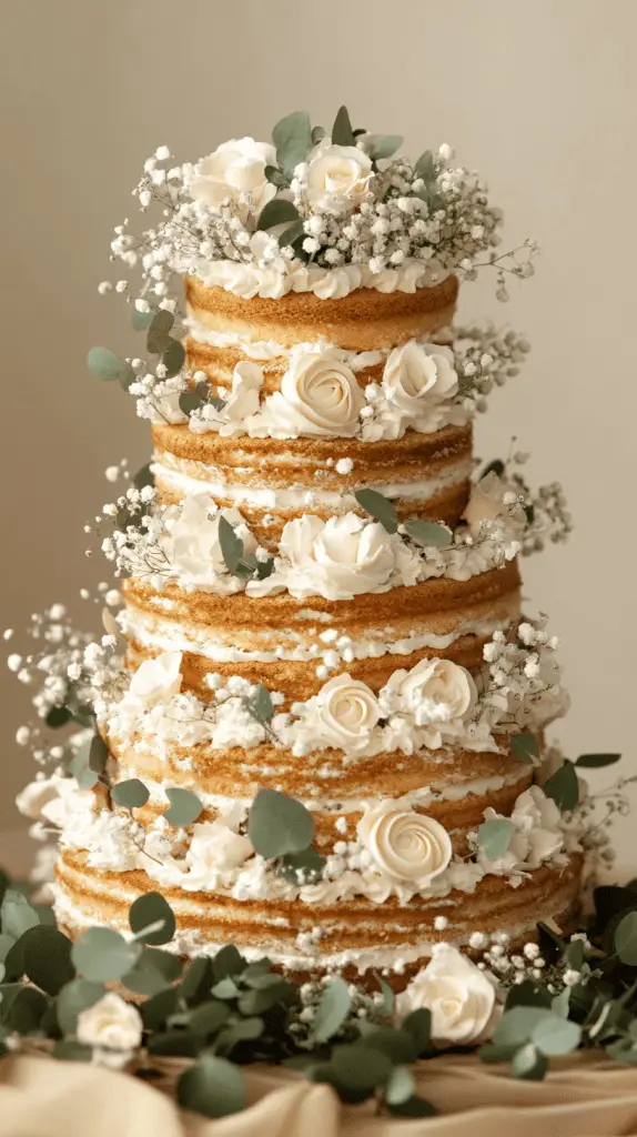 Rustic kransekake-style wedding cake with three-tier height, made of traditional almond rings, lightly dusted 