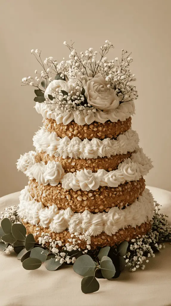 Rustic kransekake-style wedding cake with three-tier height, made of traditional almond rings, lightly dusted 