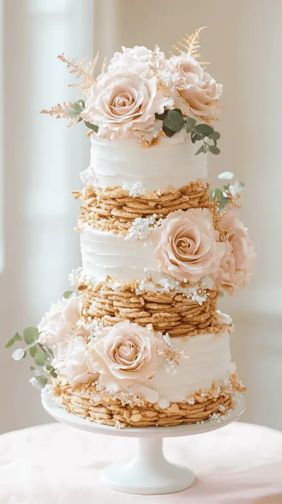 Rustic kransekake-style wedding cake with three-tier height, made of traditional almond rings, lightly dusted 
