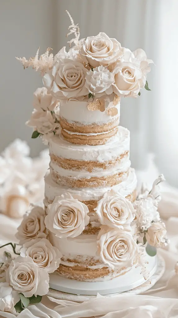 Rustic kransekake-style wedding cake with three-tier height, made of traditional almond rings, lightly dusted 