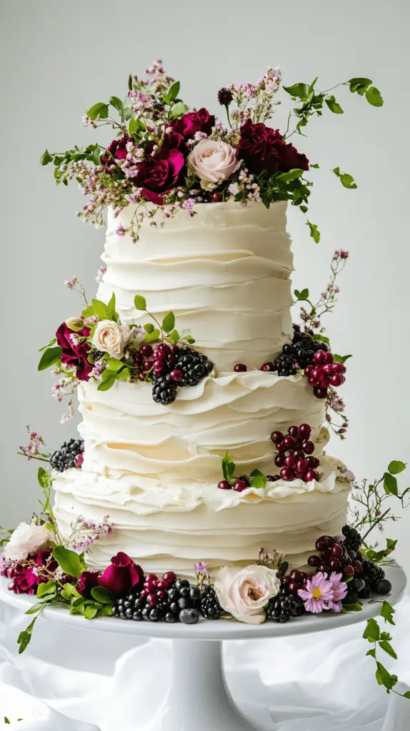 Rustic Norwegian wedding cake with rolled fondant bands resembling lefse wraps, filled with light cream